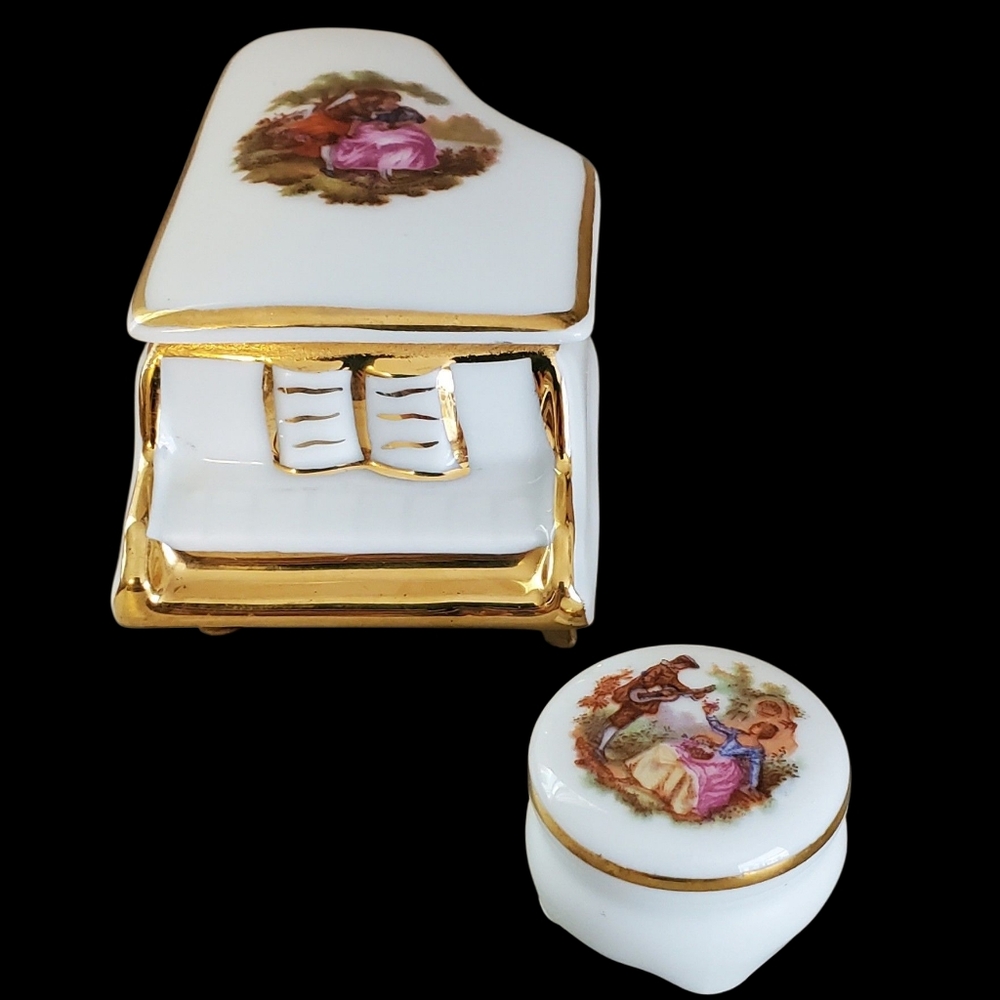 Limoges Gold and White Porcelain Piano Trinket Box With Lid And Matching Seat